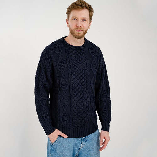 AWM208 304 NAVY BLUE Colour Acrylic Merino Wool Blend with Traditional Irish Stitches Men’s Aran Sweater  ShopAran.com AWM208 304 NAVY BLUE Colour Acrylic Merino Wool Blend with Traditional Irish Stitches Men’s Aran Sweater  ShopAran.com