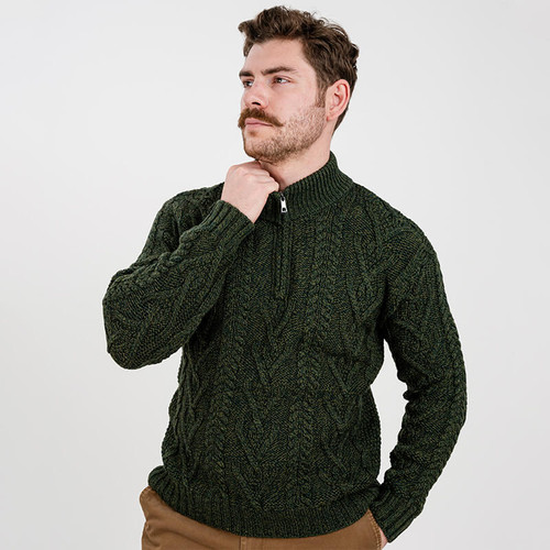 MM204 102 ARMY GREEN Colour Men’s Aran Half Zip Sweater Cable & Moss Stitch Detail ShopAran.com MM204 102 ARMY GREEN Colour Men’s Aran Half Zip Sweater Cable & Moss Stitch Detail ShopAran.com