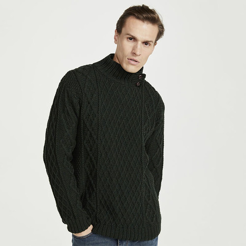 B559 193 ARMY GREEN Colour Men's Aran Sweater with Button Collar ShopAran.com B559 193 ARMY GREEN Colour Men's Aran Sweater with Button Collar ShopAran.com