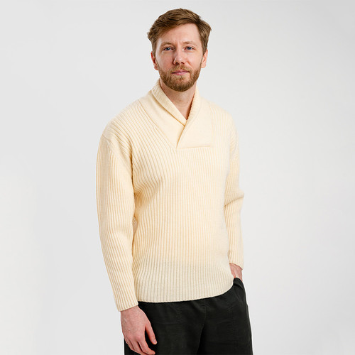 MM224 162 NATURAL WHITE Colour Irish Ribbed Shawl Collar Sweater Classic Merino Wool Knitwear ShopAran.com MM224 162 NATURAL WHITE Colour Irish Ribbed Shawl Collar Sweater Classic Merino Wool Knitwear ShopAran.com
