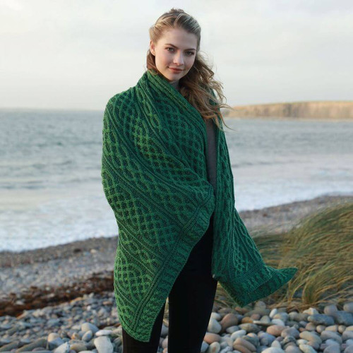 A105 406 CONNEMARA GREEN  Colour Irish Merino Wool Throw Knitted Blanket with Classic Cable Stitch ShopAran.com A105 406 CONNEMARA GREEN  Colour Irish Merino Wool Throw Knitted Blanket with Classic Cable Stitch ShopAran.com