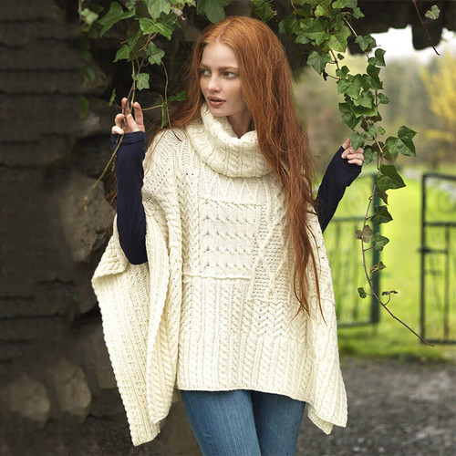 A453 162 NATURAL WHITE Colour Cowl Neck Aran Poncho Soft Merino Wool ShopAran.com A453 162 NATURAL WHITE Colour Cowl Neck Aran Poncho Soft Merino Wool ShopAran.com