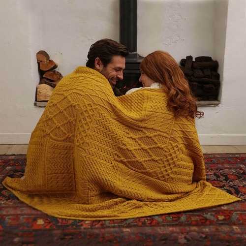 BUY NOW A510 658 YELLOW Colour Patchwork Design Merino Wool Knitted Throw Lifestyle ON ShopAran.com BUY NOW A510 658 YELLOW Colour Patchwork Design Merino Wool Knitted Throw Lifestyle ON ShopAran.com
