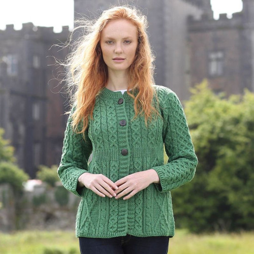 A685 257 KIWI GREEN Colour Ladies Irish Aran Cardigan In Honeycomb Stitch ShopAran.com A685 257 KIWI GREEN Colour Ladies Irish Aran Cardigan In Honeycomb Stitch ShopAran.com