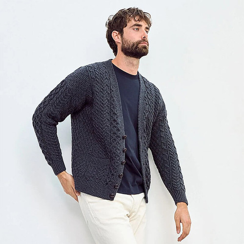 A758 070 CHARCOAL Colour Men’s V Neck Aran Cardigan With Pockets ShopAran.com A758 070 CHARCOAL Colour Men’s V Neck Aran Cardigan With Pockets ShopAran.com