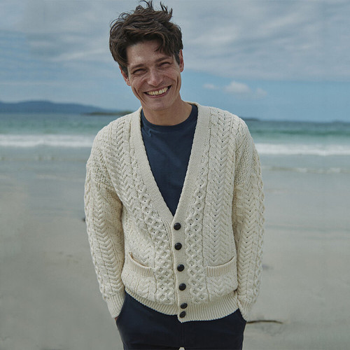 A758 162 NATURAL WHITE Colour Men’s Traditional Aran Cardigan In Merino Wool ShopAran.com A758 162 NATURAL WHITE Colour Men’s Traditional Aran Cardigan In Merino Wool ShopAran.com