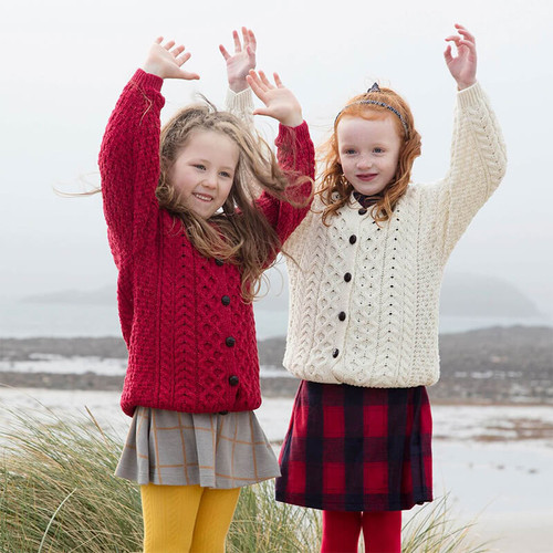 A760 Kids Irish Cardigan In Traditional Aran Stitch with Ribbed Details ShopAran.com A760 Kids Irish Cardigan In Traditional Aran Stitch with Ribbed Details ShopAran.com
