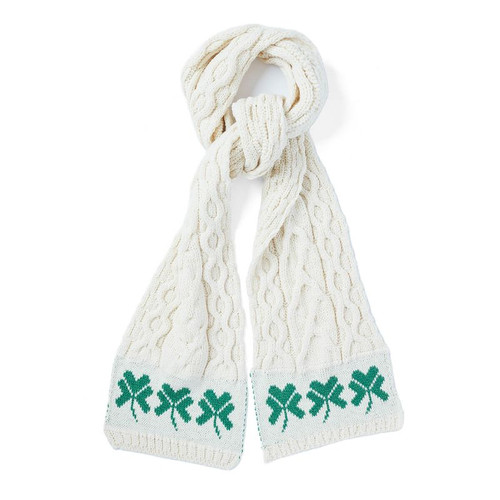 A843 283 NATURAL WHITE Colour Irish Aran Knit Scarf with Shamrock Details ShopAran.com A843 283 NATURAL WHITE Colour Irish Aran Knit Scarf with Shamrock Details ShopAran.com