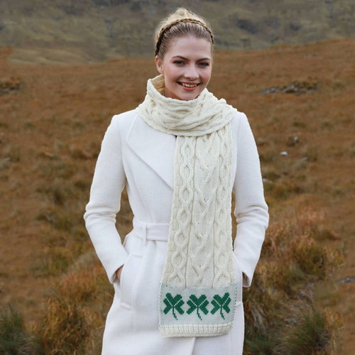 A843 283 NATURAL WHITE Colour Irish Cable Knit Scarf with Shamrocks ShopAran.com A843 283 NATURAL WHITE Colour Irish Cable Knit Scarf with Shamrocks ShopAran.com