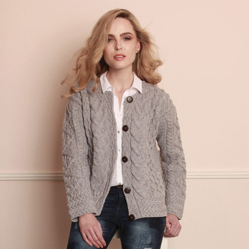 A968 077 MISTY BEIGE Colour Large Cables Boyfriend Aran Cardigan ShopAran.com A968 077 MISTY BEIGE Colour Large Cables Boyfriend Aran Cardigan ShopAran.com