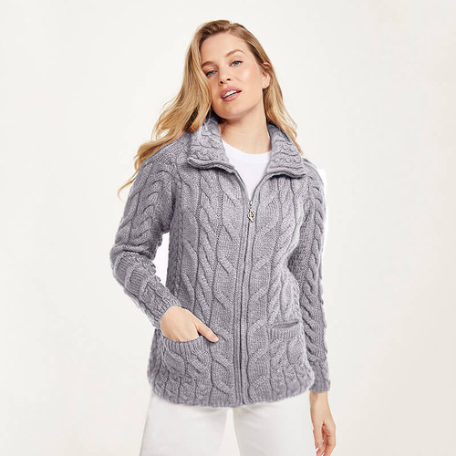 B841 385 MISTY BLUE Colour Ladies Cable Knit Zip Cardigan In 100% Merino Wool ShopAran.com B841 385 MISTY BLUE Colour Ladies Cable Knit Zip Cardigan In 100% Merino Wool ShopAran.com