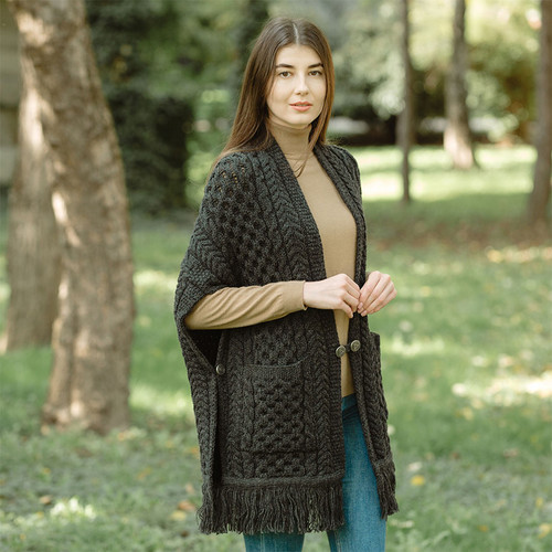 ML104 101 CHARCOAL Colour Ladies Fringe Irish Shawl Wit Pockets ShopAran.com ML104 101 CHARCOAL Colour Ladies Fringe Irish Shawl Wit Pockets ShopAran.com