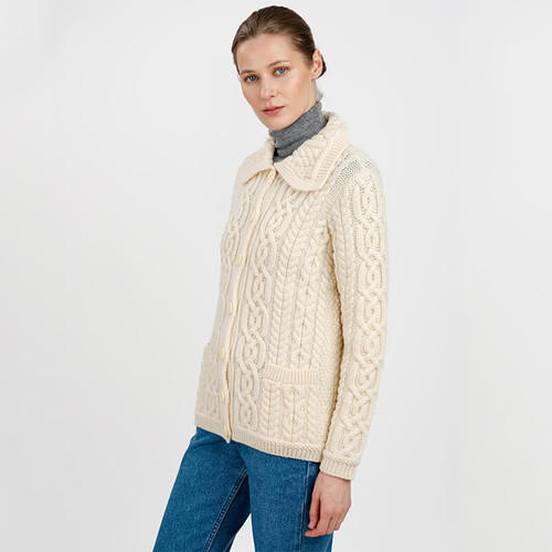 ML109  100  NATURAL  WHITE Colour Merino Wool Irish Traditional Cardigan For Women Studio Side View ShopAran.com ML109  100  NATURAL  WHITE Colour Merino Wool Irish Traditional Cardigan For Women Studio Side View ShopAran.com