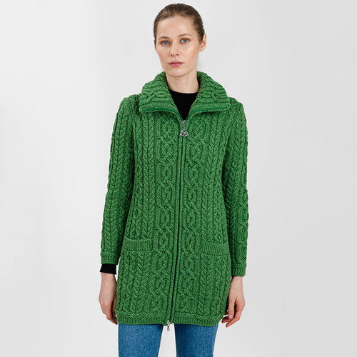 ML114 105 GREEN Colour Women’s Double Neck Aran Jacket with Trinity Knot Zipper ShopAran.com ML114 105 GREEN Colour Women’s Double Neck Aran Jacket with Trinity Knot Zipper ShopAran.com