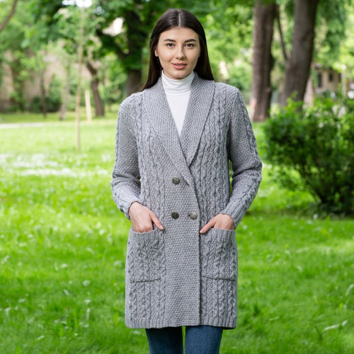 ML131 103 GREY Colour Ladies Irish Aran Coat with Shawl Collar ShopAran.com ML131 103 GREY Colour Ladies Irish Aran Coat with Shawl Collar ShopAran.com