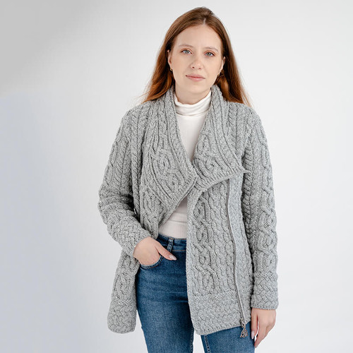 ML136 103 GREY Colour Merino Aran Jacket  Irish Cable Stitch Side Zip Open Front View ShopAran.com ML136 103 GREY Colour Merino Aran Jacket  Irish Cable Stitch Side Zip Open Front View ShopAran.com