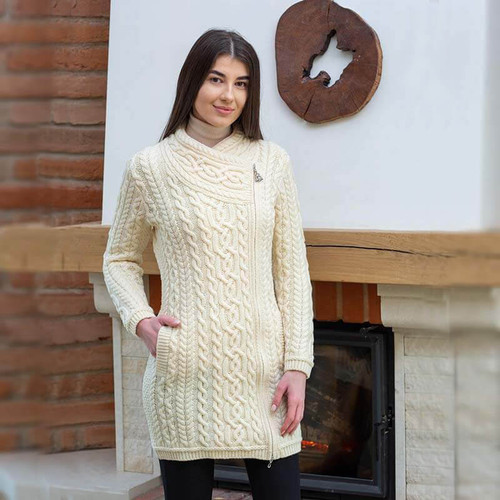 ML143 100 NATURAL WHITE Colour Womens Asymmetrical Aran Cardigan Merino Wool ShopAran.com ML143 100 NATURAL WHITE Colour Womens Asymmetrical Aran Cardigan Merino Wool ShopAran.com