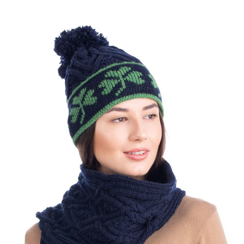 ML201 104 NAVY BLUE Colour Ladies Aran Knit Merino Wool Shamrock Hat ShopAran.com ML201 104 NAVY BLUE Colour Ladies Aran Knit Merino Wool Shamrock Hat ShopAran.com