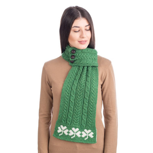 ML250 105 GREEN Colour Aran Shamrock Knit Scarf Merino Wool ShopAran.com ML250 105 GREEN Colour Aran Shamrock Knit Scarf Merino Wool ShopAran.com