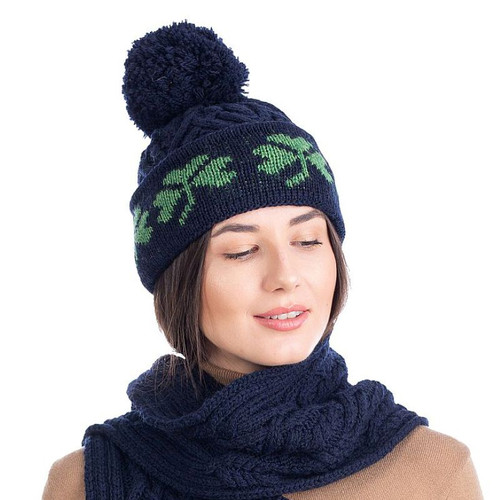 ML253 104 NAVY BLUE Colour Aran Knit Hat With Shamrock Design ShopAran.com ML253 104 NAVY BLUE Colour Aran Knit Hat With Shamrock Design ShopAran.com