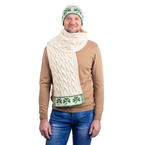 MM198 100 NATURAL WHITE Colour Three Shamrock Irish Men’s Scarf ShopAran.com MM198 100 NATURAL WHITE Colour Three Shamrock Irish Men’s Scarf ShopAran.com