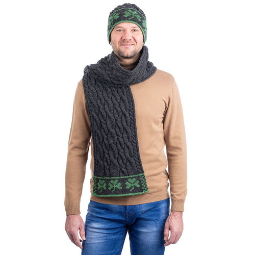 MM198 101 CHARCOAL Colour Men’s Irish Aran Scarf With Shamrocks ShopAran.com MM198 101 CHARCOAL Colour Men’s Irish Aran Scarf With Shamrocks ShopAran.com