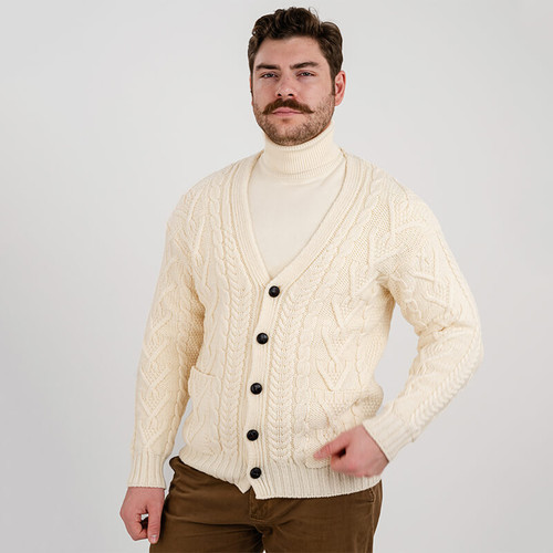 MM201 100 NATURAL WHITE Colour Men’s Merino Aran Button Cardigan ShopAran.com MM201 100 NATURAL WHITE Colour Men’s Merino Aran Button Cardigan ShopAran.com