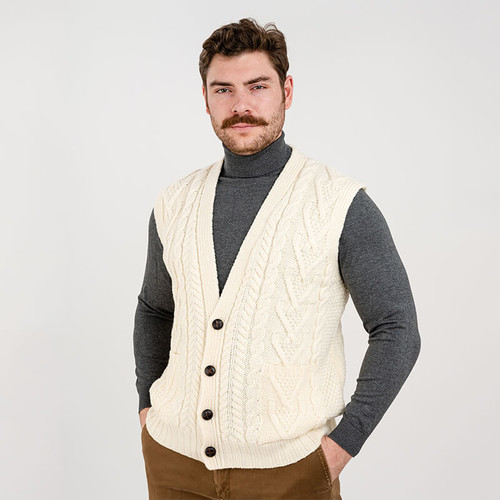 MM207 100 NATURAL WHITE Colour Men’s Irish Knit Cardigan Vest ShopAran.com MM207 100 NATURAL WHITE Colour Men’s Irish Knit Cardigan Vest ShopAran.com