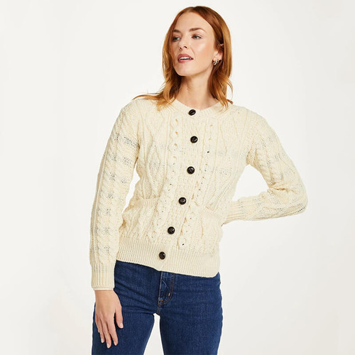 B349 162 NATURAL WHITE Colour Traditional Aran Stitch Ladies Wool Cardigan ShopAran.com B349 162 NATURAL WHITE Colour Traditional Aran Stitch Ladies Wool Cardigan ShopAran.com