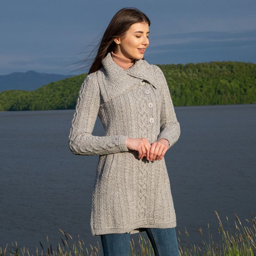 AWL108 303 GREY Colour Ladies Oversize Collar Irish Cardigan ShopAran.com AWL108 303 GREY Colour Ladies Oversize Collar Irish Cardigan ShopAran.com