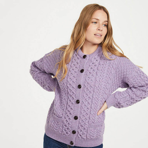 A570 016 LAVENDER PURPLE Colour Traditional Aran Lumber Cardigan ShopAran.com A570 016 LAVENDER PURPLE Colour Traditional Aran Lumber Cardigan ShopAran.com