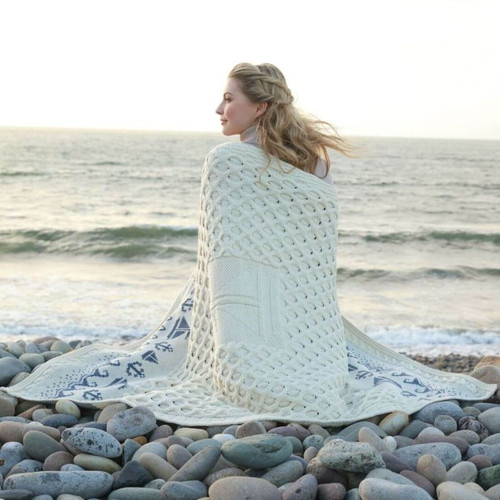 B660510 ONE NATURAL WHITE Colour 100% Merino Wool Sailing Irish Knit Throw Blanket ShopAran.com