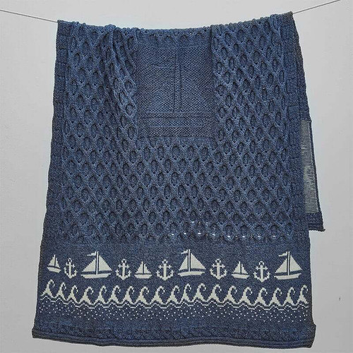B660606 ONE BLUE Colour Irish Throw with Honeycomb Stitch and Nautical Motifs Unfolded View ShopAran.com