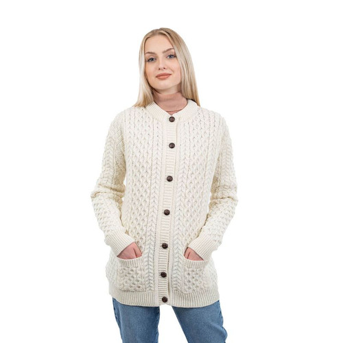 OAC-1505NAT Colour Honeycomb Ladies Aran Cardigan ShopAran.com