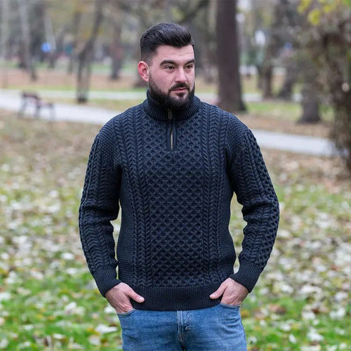 BUY ONLINE OAC-2507-BLACK Colour 100% Merino Wool Men’s Half-Zipper Aran Sweater ON ShopAran.com BUY ONLINE OAC-2507-BLACK Colour 100% Merino Wool Men’s Half-Zipper Aran Sweater ON ShopAran.com