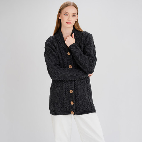 ML163 101 Women’s Aran Cardigan with Shawl Collar and Buttons ShopAran.Com ML163 101 Women’s Aran Cardigan with Shawl Collar and Buttons ShopAran.Com