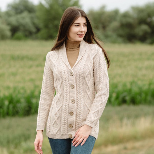 ML163 109 Ladies Shawl Collar Aran Cardigan with Button Front ShopAran.Com ML163 109 Ladies Shawl Collar Aran Cardigan with Button Front ShopAran.Com