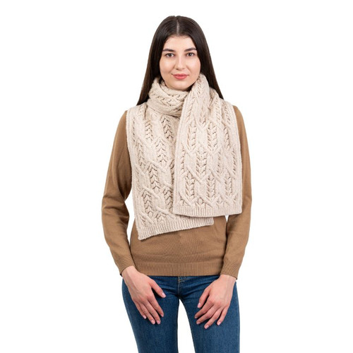 ML168 109 Merino Wool Aran Pattern Leaf Scarf ShopAran.Com