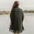 ML104 102 ARMY GREEN Colour Fringe Trimmed Cable Knit Shawl with Buttons Back Side ShopAran.com