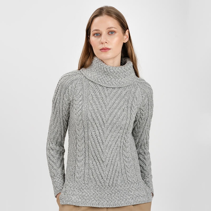 Shop Online AWL118 GREY Colour  Cowl Neck Ribbed Irish Sweater ShopAran.com