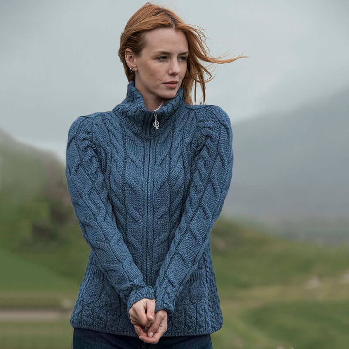 B841 443 TEAL BLUE Colour 100% Supersoft Merino Wool Irish Cable Knit Zip Cardigan ShopAran.com