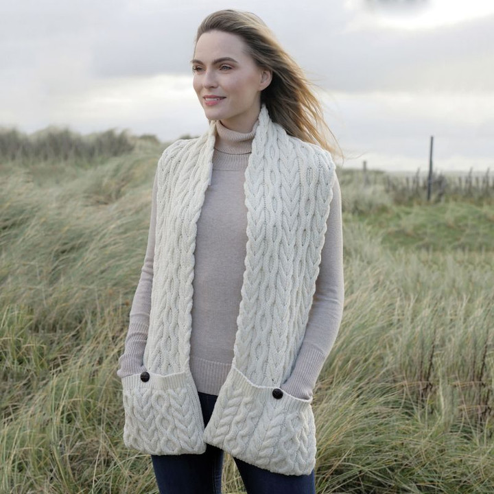 B647 367 NATURAL WHITE Colour Aran Knit Scarf with Hand Pockets ShopAran.com
