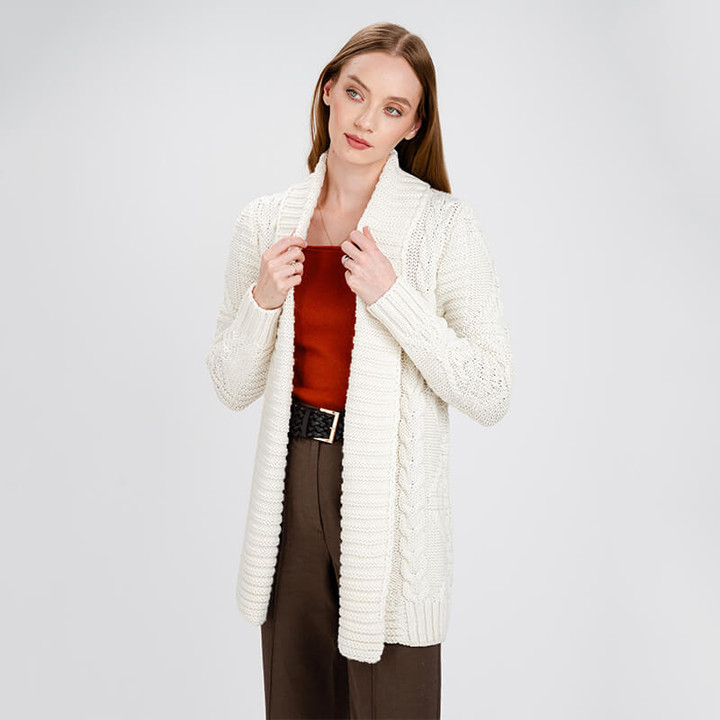 AWL121 300 NATURAL WHITE Colour Aran Open Front Wool Blend Cardigan for Women ShopAran.com