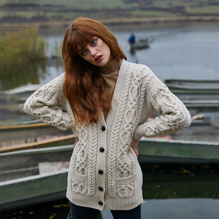 BUY ONLINE ML156 109 PARSNIP Colour 100% Merino Wool Ladies Buttoned Irish Cardigan ShopAran.com