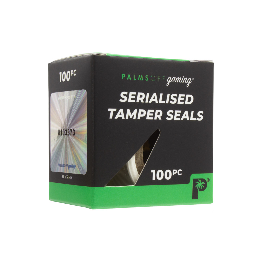 Palms Off Gaming Serialised Tamper Seal Stickers, uniquely numbered for protection and sealing of TCG and other items to identify potential tampering