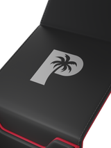 Foil logo accents on the interior and exterior of the Palms Off Gaming red Genesis Deck Box.