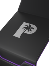 Foil logo accents on the interior and exterior of the Palms Off Gaming purple Genesis Deck Box.