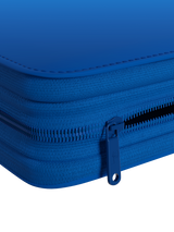 Durable blue steel zipper on Palms Off Gaming 12 pocket binder, keeping Pokémon, MTG, One Piece trading cards and more safe.