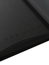 Debossed logo inside cover of Palms Off Gaming Stealth black 9 pocket binder designed for stealthy-look card storage.