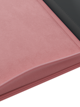 Debossed logo inside cover of Palms Off Gaming Stealth pink 9 pocket binder designed for stealthy-look card storage.